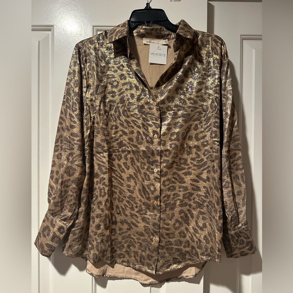 NWT Millibon Leopard Metallic Button Down Shirt Size Small